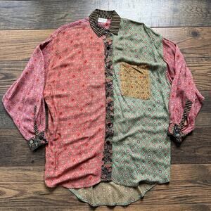 We Be Bop Rayon Button Down Blouse Boho Patchwork Print Long Sleeve Shirt